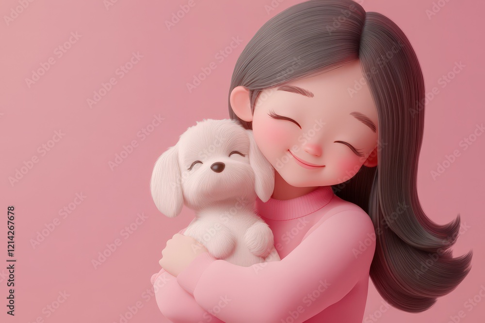 Girl lovingly embraces fluffy white puppy Girl lovingly embraces fluffy white puppy