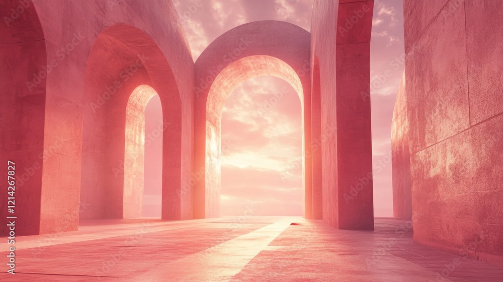 Fototapeta premium Pink Stone Archway at Sunset, Peaceful Path to Golden Sky