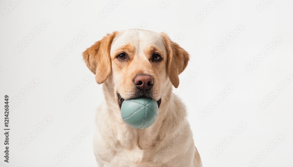 Labrador retriever holding a ball against white background Labrador retriever holding a ball against white background