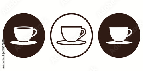 Illustration of various coffee-themed icons and symbols featuring cups, mugs, beans, steam, and beverages in a brown and mocha color palette