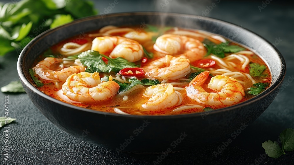 Steaming Shrimp Noodle Soup, dark background, kitchen setting, food photography Steaming Shrimp Noodle Soup, dark background, kitchen setting, food photography