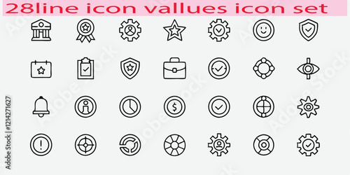 Core Values line icon set. Set of 28 outline icons related to core values, integrity, innovation, growth, goal, trust, teamwork, customers, ethics, motivation, vision and others. Vector illustration,.
