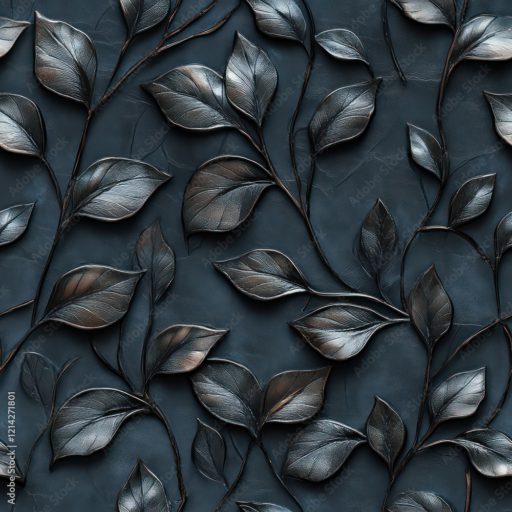 Obraz premium Seamless decorative embossed black and silver leaves pattern