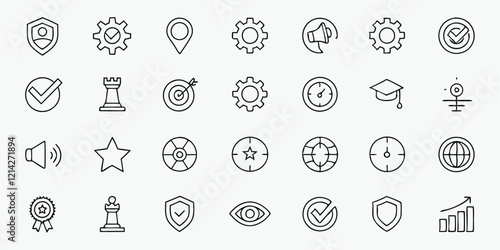 Core Values line icon set. Set of 28 outline icons related to core values, integrity, innovation, growth goal, trust, teamwork, customers, ethics, motivation, vision and others. Vector illustration.