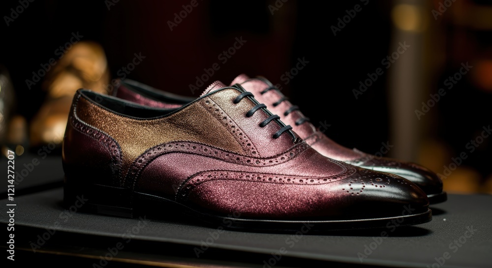 Elegant burgundy and gold brogue shoes with intricate detailing Elegant burgundy and gold brogue shoes with intricate detailing