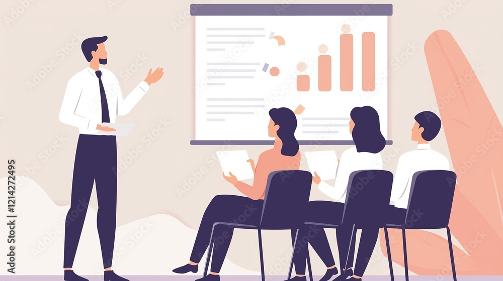 Professional workshop illustration with attendees seated on chairs, observing a presenter standing with raised hands and holding papers in front of a whiteboard. Professional workshop illustration with attendees seated on chairs, observing a presenter standing with raised hands and holding papers in front of a whiteboard.