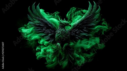 Green smoke phoenix, fantasy art, dark background, mythical creature, graphic design