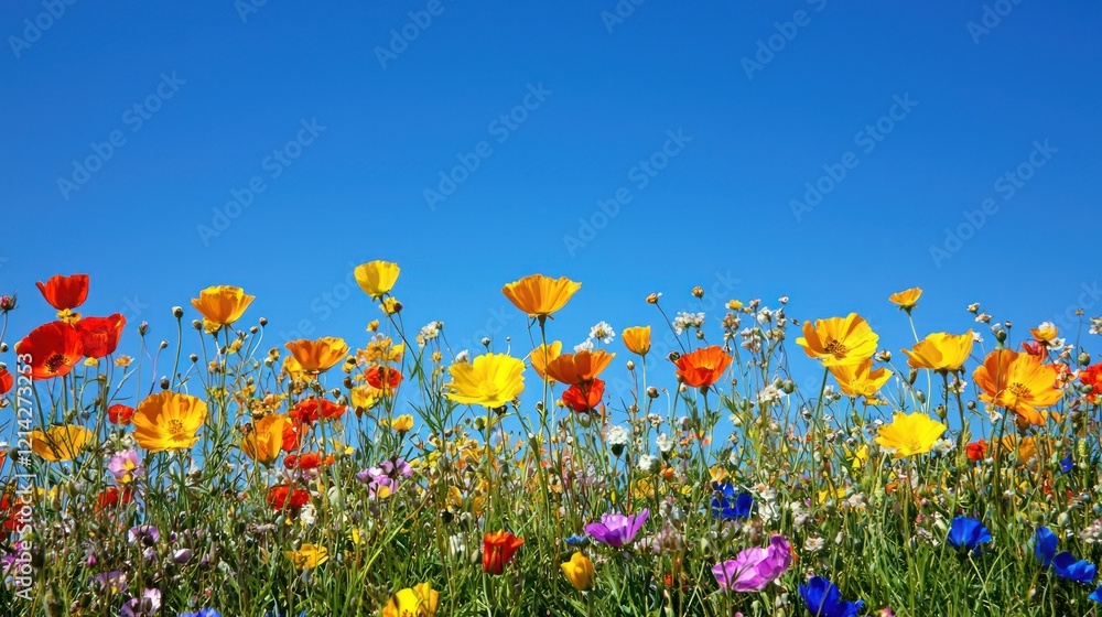 A vibrant field of blooming flowers under a clear blue sky, representing the freshness of spring A vibrant field of blooming flowers under a clear blue sky, representing the freshness of spring