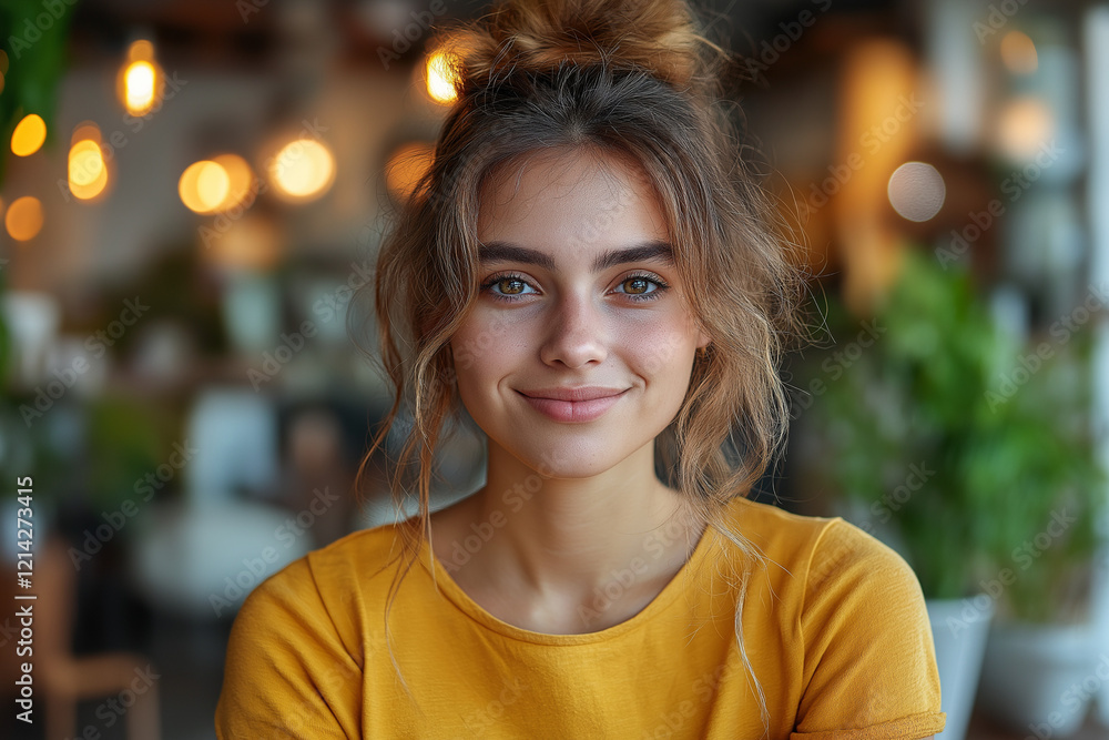 Fototapeta premium Smiling Woman in Yellow T-Shirt Working on Laptop at a Table in Modern Office, Warm Light, Minimalistic Style with Matte Colors and Blurred Background