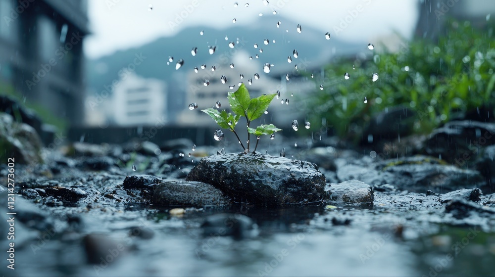 Fototapeta premium Small green sprout grows from wet asphalt during a heavy rain shower in an urban environment.