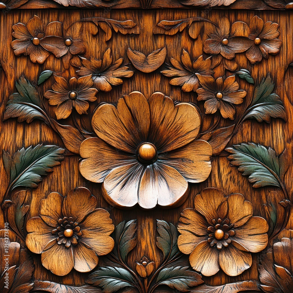 Fototapeta premium Seamless decorative wooden flowers pattern background