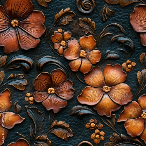 Seamless decorative embossed leather flowers decor pattern photo