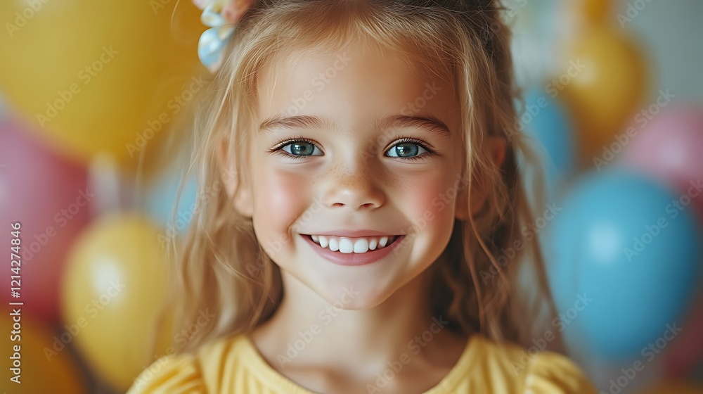Happy little girl smiling at camera with colorful balloons.