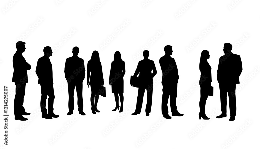 Silhouettes of business people engaging in conversation against white background Silhouettes of business people engaging in conversation against white background