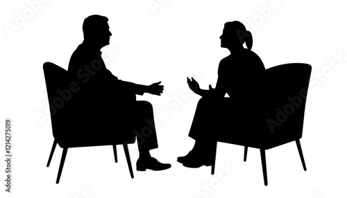 Silhouetted man and woman in conversation against white background