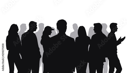 Silhouetted group of people engaged in conversation against a white background