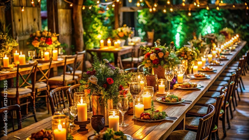 Elegant Wedding Guest Dinner Venue Decor: Candlelit Tables, Floral Arrangements, Rustic Charm Elegant Wedding Guest Dinner Venue Decor: Candlelit Tables, Floral Arrangements, Rustic Charm