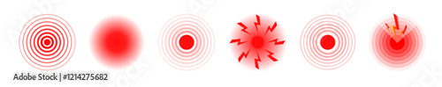 Pain red circle or localization mark, aching place sign, abstract symbol of pain, sore spot or hurt body part marker, design element for painkiller advertisement and medical information posters