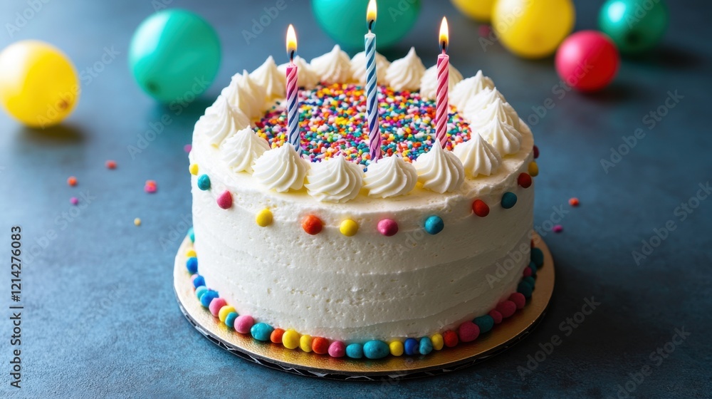 A cheerful scene with a birthday cake adorned with sprinkles and candles, placed on a table, with colorful balloons filling the background in a bright, festive room. A cheerful scene with a birthday cake adorned with sprinkles and candles, placed on a table, with colorful balloons filling the background in a bright, festive room.