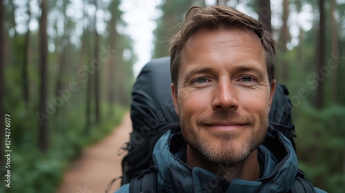 Joyful Man Hiking Through a Lush Green Forest Pathway
