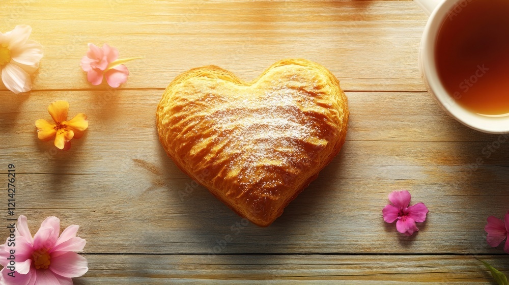 Heart-shaped pastry with flowers and tea on wooden table. Heart-shaped pastry with flowers and tea on wooden table.