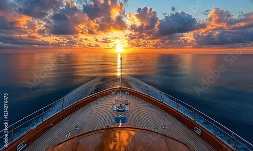 A serene sunset view from the bow of a yacht, reflecting vibrant colors on calm waters.