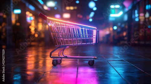 Wallpaper Mural Neon-lit shopping cart on a dark background, highlighting e-commerce and online shopping with a bright, modern, and futuristic design for digital retail themes. Torontodigital.ca