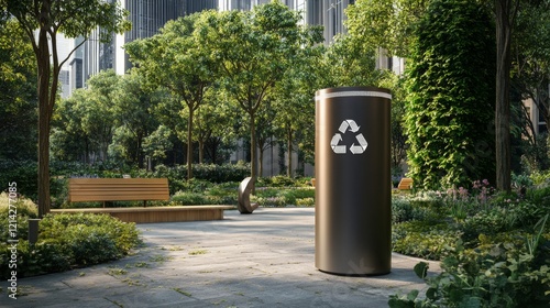 Wallpaper Mural A sleek recycling bin stands prominently in a lush urban park, surrounded by trees and benches. Torontodigital.ca