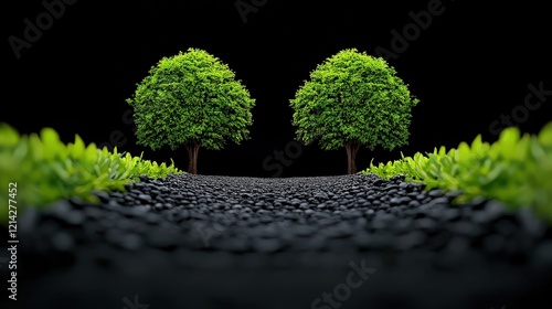 The Path Less Traveled: Two vibrant green trees stand tall against a dramatic backdrop of a dark, winding path. The image evokes a sense of mystery and wonder. photo