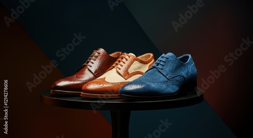 Elegant collection of leather brogue shoes in brown, tan, and blue on display photo