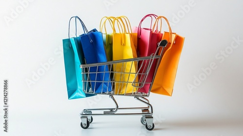 Wallpaper Mural Bright, colorful shopping bags overflowing in a cart against a white background, ideal for visualizing retail, shopping, or product displays. Torontodigital.ca