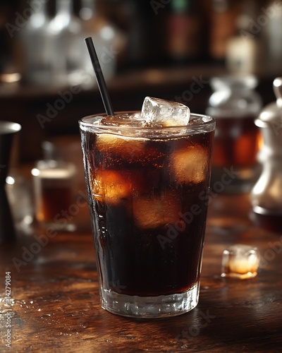 Iced coffee in a glass with ice cubes on a wooden table. photo