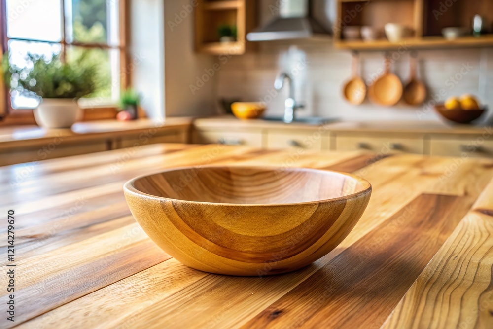Empty Wooden Bowl on Rustic Butcher Block Countertop - Panoramic Stock Photo Empty Wooden Bowl on Rustic Butcher Block Countertop - Panoramic Stock Photo