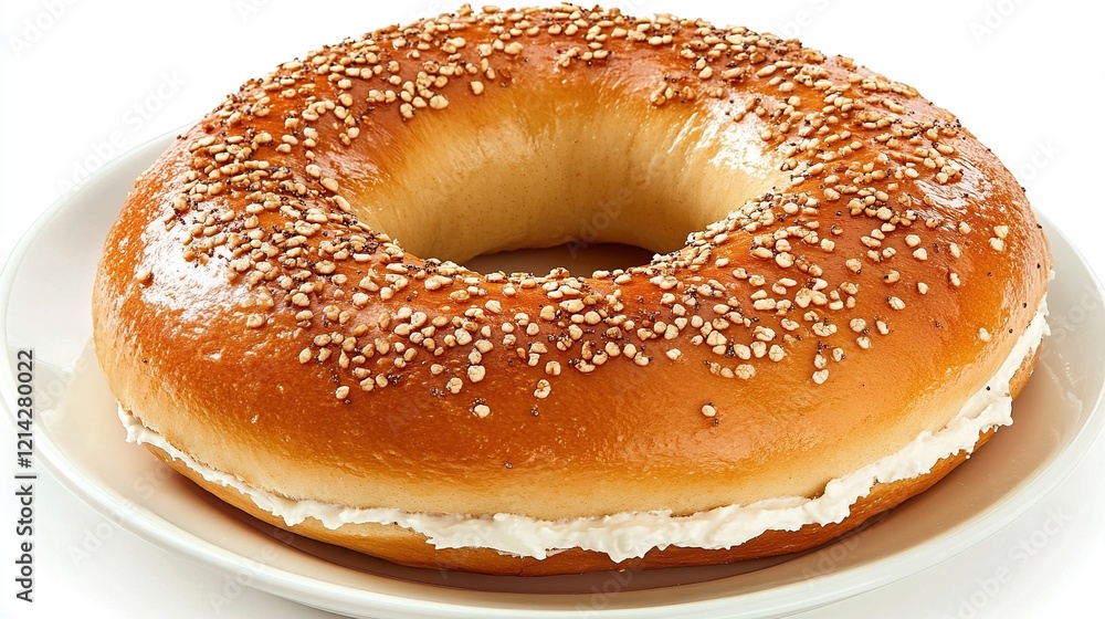 Sesame bagel with cream cheese on a plate. Sesame bagel with cream cheese on a plate.