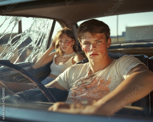 
A young couple sits in a car with a broken window. Drive safely. photo