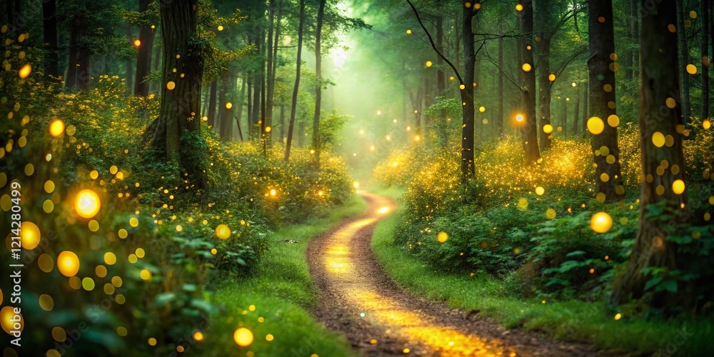 Fototapeta premium Enchanting Golden Firefly Forest Path: Magical Double Exposure Stock Photo