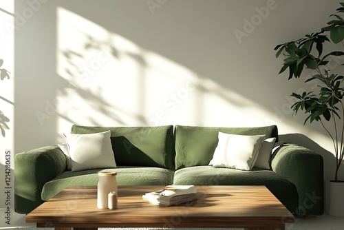 Home interior mock-up with green sofa, wooden table and trendy decoration