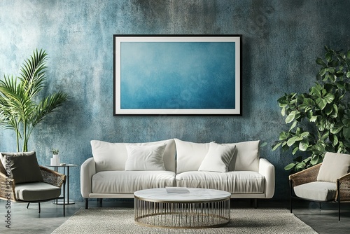 Horizontal picture frame mock up in modern living room interior