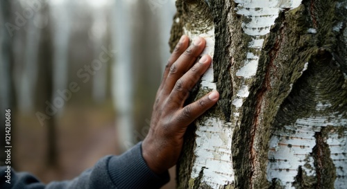 African male hand touching birch tree in forest photo