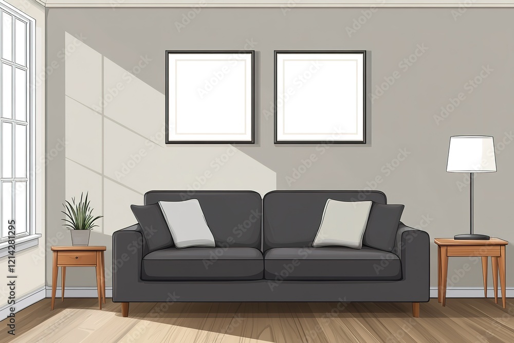 Fototapeta premium Interior of living room modern style with grey fabric sofa,wooden side