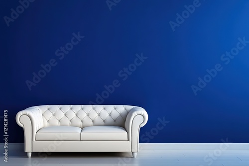 Interior of cozy modern living room with sofa against blank, dark blue