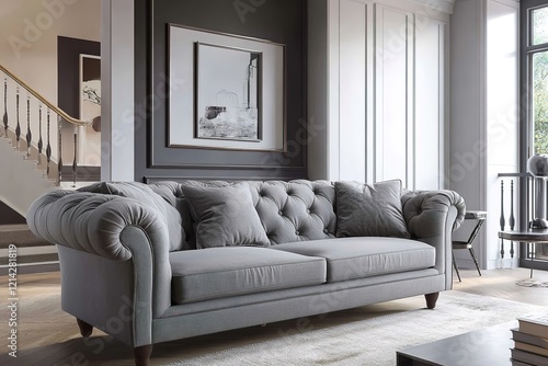Grey attic living room interior with sofa