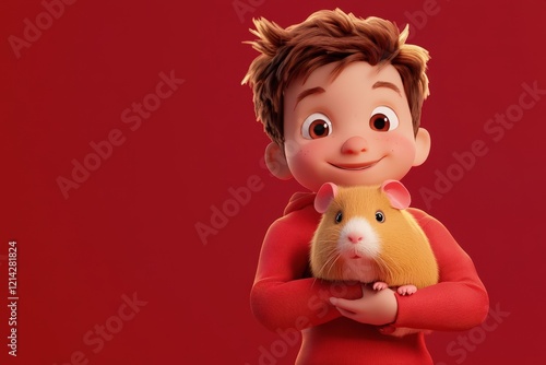 Cartoon Boy Gently Holding a Cute Guinea Pig photo