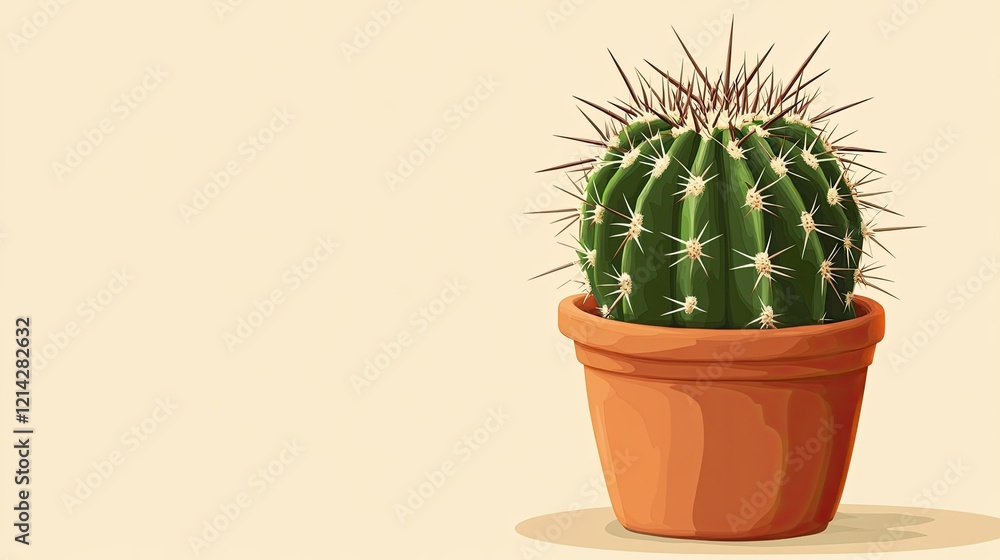 Green cactus with sharp spines in a clay pot, isolated on a clean beige background, leaving room for text Green cactus with sharp spines in a clay pot, isolated on a clean beige background, leaving room for text