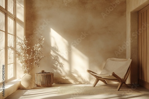 Home interior background, cozy room with natural wooden furniture, Scandi-Boho style