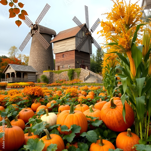 A majestic mill with a vibrant garden of pumpkins and corn stalks, celebrating the bounty of Thanksgiving. photo