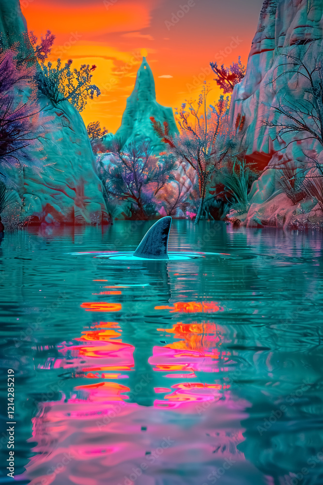 Fototapeta premium vibrant sunset reflects on calm waters, showcasing shark fin emerging from surface amidst colorful rock formations and vegetation