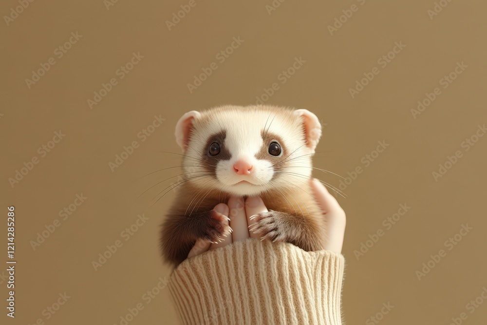 Adorable ferret held gently in loving hands Adorable ferret held gently in loving hands