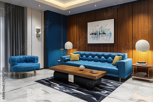 Interior of living room with blue sofa 3d rendering
