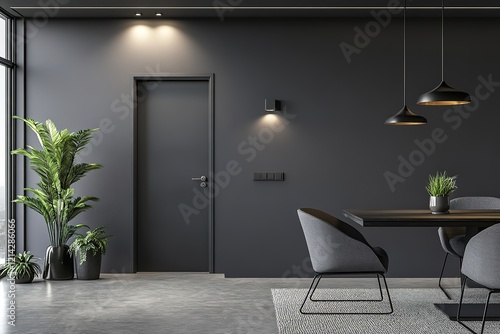 Grey living room concept, door detail, working table and chair style.